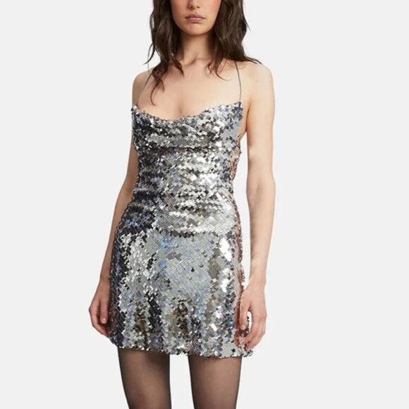 Bardot Shai Silver Sequin Embellished Mini Dress strappy metallic NWT 12 XXL - Picture 1 of 15